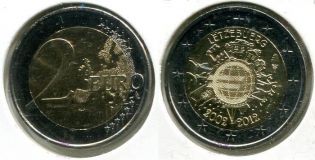 2 евро 10 лет наличному обращению Люксембург 2012 год