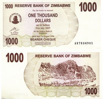 1000 долларов горы Зимбабве 2006 год