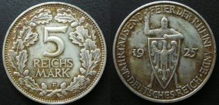 5 марок 1925 год F Германия, Рейнская область