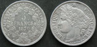 5 франков 1870 год A (серебро) Франция