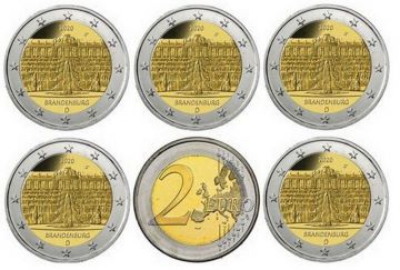 2 евро Германия 2020 Дворец Сан-Суси в Потсдаме, Бранденбург 5 монет