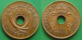 10 цент 1943 год Восточная Африка